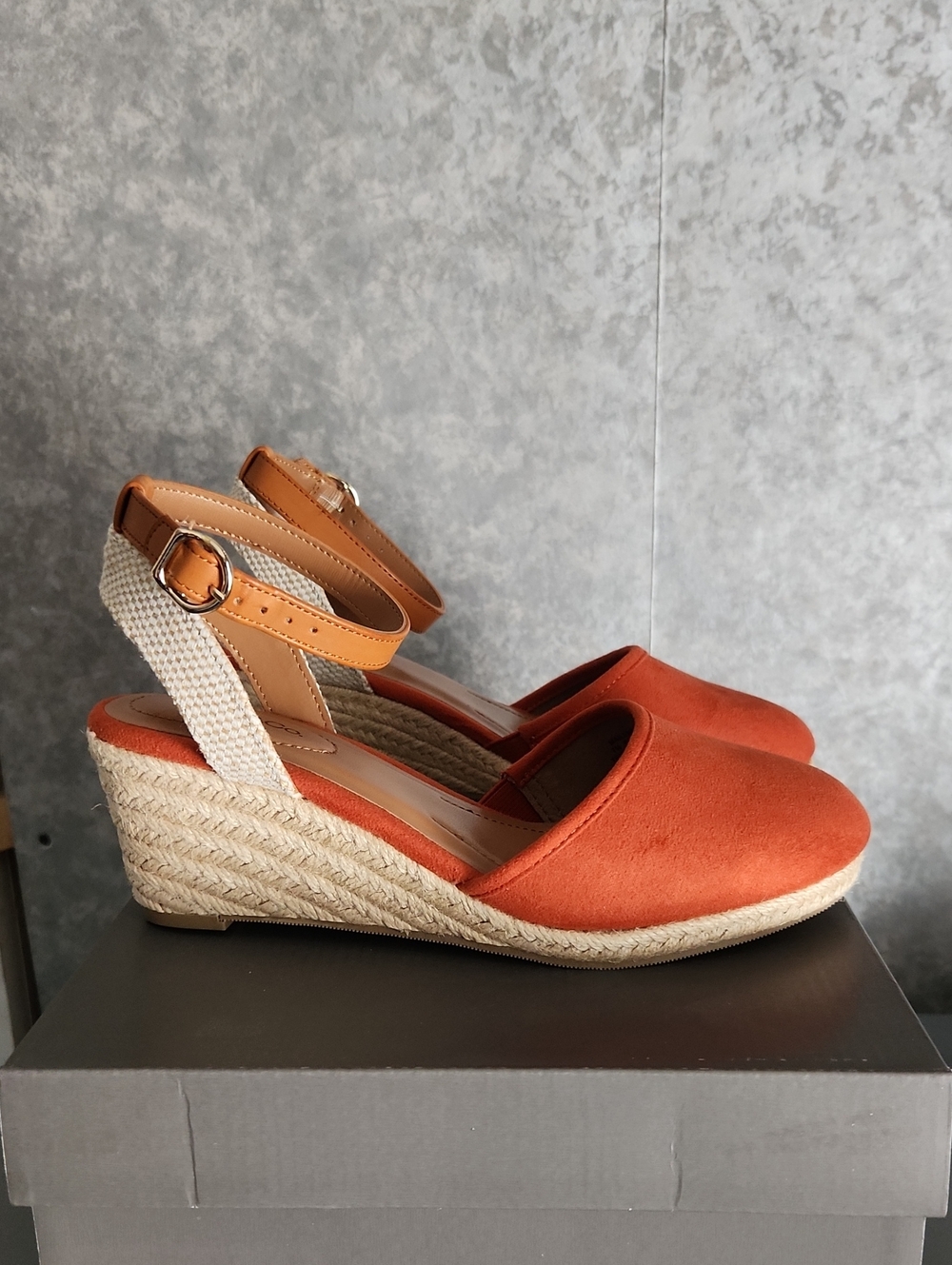 Women's Orange Espadrille Wedge Sandals with Ankle Strap, size 7.